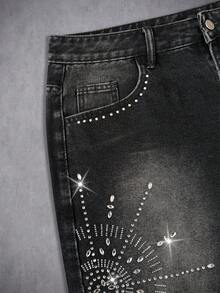 Manfinity Denimwave 时尚宽松水钻装饰夏季牛仔短裤 - 黑色 - 查看 3