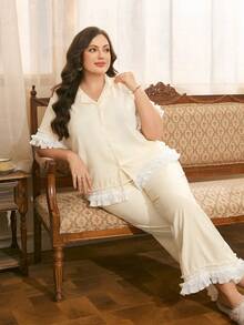 Côtesoire Plus Size Elegant Lace Contrast Color Cardigan Pajama Set - Apricot - View 3