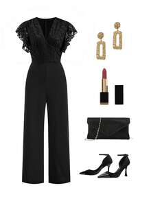 Ellevyn Women's Elegant V-Neck Mesh Silver Foil Ruffle Sleeve Black Jumpsuit, Slim Fit Wide Leg Style, Suitable For Spring/Summer Weddings And Parties - Black - View 9