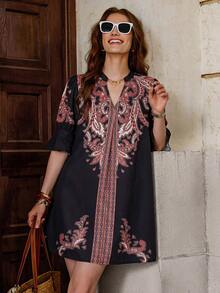 Solivie 女士中袖印花情人节春夏连衣裙，情人节套装 - 黑色 - 查看 3