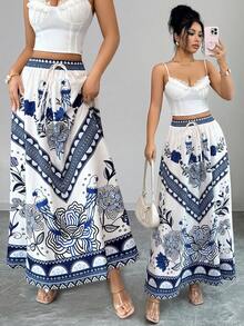 SHEIN Elenzya Falda holgada de línea A con cintura de cordón, estampado de porcelana azul y blanco, estilo de vacaciones - Azul y blanco - Ver 1