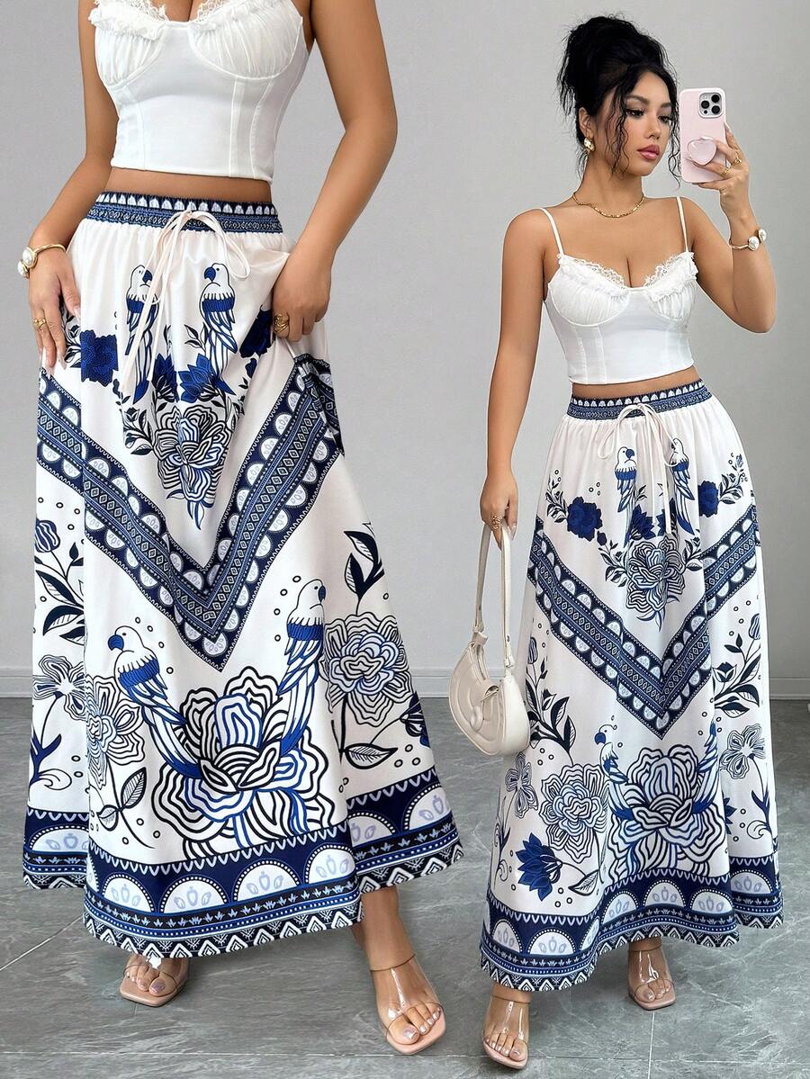 SHEIN Elenzya Falda holgada de línea A con cintura de cordón, estampado de porcelana azul y blanco, estilo de vacaciones - Azul y blanco - Ver 1