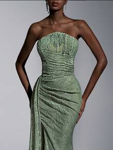 Glamrae Elegant Luxurious Stretchy Lace Bandeau, Ruched Waist, Sexy Slit Fishtail Skirt, Suitable For Weddings, Parties, Vacations, Galas, Evening Gowns