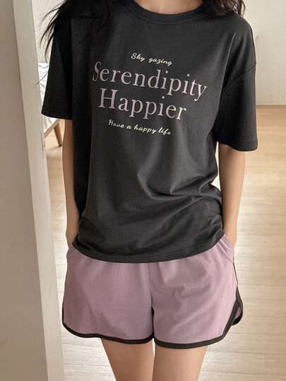 DAZY 2 st kvinnor sommar lösa grafiska kortärmade shorts pyjamas set