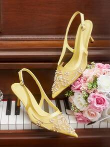 CUCCOO HITCHD 女士时尚优雅派对串珠刺绣网纱尖头高跟鞋 - 黃色 - 查看 1