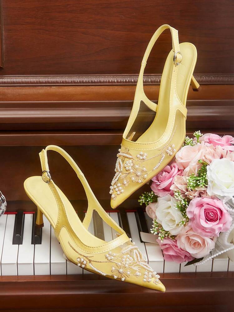 CUCCOO HITCHD Women's Fashionable Elegant Party Beaded Embroidery Mesh Pointed Toe Pumps Valentine's Day Elegant Shoes