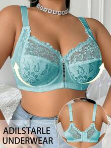DesireSculpt 1pc Plus Size Lace Patchwork Wireless Bra - Green - View 5