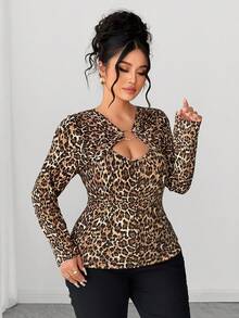 Elenzga Áo thun in họa tiết da báo, kiểu dáng thời trang, giản dị, cổ điển, thanh lịch, thích hợp đi làm, cổ khoét, đính nhẫn vàng. - màu nâu - Xem 4