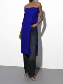 Maija 女士蓝色夏季不对称领褶裥肩部不规则长袖侧褶裥优雅时尚性感派对休闲简约修身长款连衣裙，适合日常穿着商务休闲女士端庄