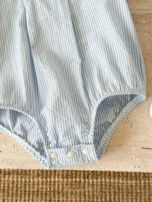 SHEIN Unisex Newborn Baby Boy/Girl Cute British Style Blue&White Striped Peter Pan Collar Short Sleeve Romper,Bodysuit,Spring/Summer Boy Summer Clothes - Blue - View 6
