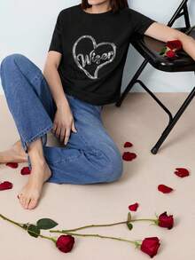 Maija 女士水钻刺绣闪亮爱心图案派对休闲宽松短袖圆领套头T恤，黑色节日款 - 黑色 - 查看 5