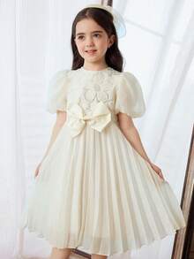 1pc Girls Princess Apricot White Dress,Summer Traditional Wedding,Embroidered Sequin Fabric,Lantern Puff Sleeves,Layered Ruffle Hem,Front Bow Decor - Apricot - View 7