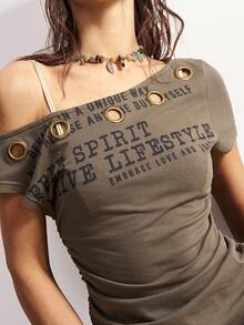 Bohemela 女士休闲纯色针织拼接字母印花不对称领短袖T恤 - 軍綠色 - 查看 3