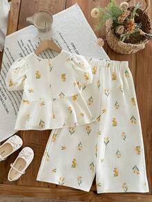 SHEIN LMoss Kids Young Girl Summer Casual French Elegant Vacation Style Ditsy Floral Peplum Top & Wide Leg Pants Set - White - View 2