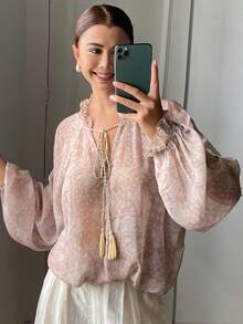 DAZY Women's Floral Print Loose Lantern Sleeve Tassel Tie Elegant Vacation Blouse, Spring/Autumn - Khaki - View 7