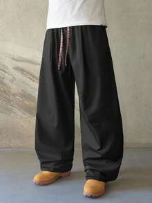 Manfinity Hypemode Men's Solid Color Drawstring Waist Casual Loose Pants Rave Spring To Summer Harajuku Pants - Black - View 3