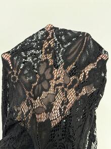 SHEIN DivaQ 女士黑色蕾丝性感休闲Y2K亚文化街头风喇叭裤，春夏款 - 黑色 - 查看 7