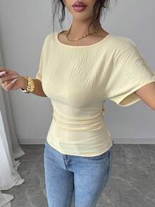 SHEIN Elenzya 女士优雅束腰系带露背设计T恤，夏季新品 - 淡黃色 - 查看 5