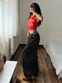 SHEIN EZwear 大码女式复古水洗牛仔裤，秋冬款 - 黑色 - 查看 8