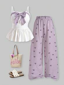 SHEIN ChillGRL 2pcs/Set Teen Girls' Sweet Casual Bow Tie Camisole Top Paired With Textured Print Wide Leg Pants Set, Suitable For Daily, Commute, Casual, Vacation, Party, Street Style - Mauve Purple - View 4