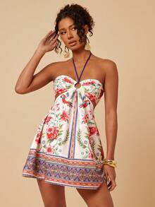 Travachic Sleeveless Halter Neck Hollow Out Tropical Print Vacation Dress - Multicolor - View 5