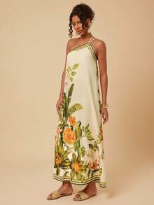 Travachic Women's Tropical Print Asymmetrical Shoulder Vacation Dress - Yellow - View 4