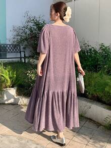 Dazy Plus Purple V-Neck Short Sleeve Loose Casual Long Dress, Spring/Summer - Purple - View 6
