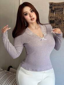 Dazy Plus 撞色蕾丝性感修身露脐长袖百搭T恤，柔和紫色，春秋季 - 淡紫色 - 查看 7