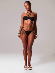 Musera Resort Atasan Bikini Halterneck dengan Tali Satin dan Detail Putar di Bagian Depan (Hanya Atasan) untuk Liburan Seksi di Ibiza, Musim Semi/Musim Panas, Festival, Pesta Pantai, Pakaian Renang, dan Pengantin. - Hitam - View 4