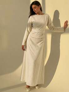 Aloruh 女士长袖棉质舒适褶皱腰身长款亚麻连衣裙，秋冬长袖长裙棉质连衣裙端庄连衣裙女士长裙 - 杏色 - 查看 6