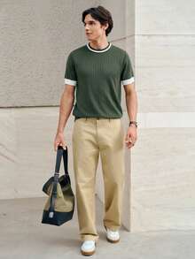 RONVEXI 男士休闲拼接圆领短袖针织衫，百搭日常穿搭，男士针织衫，男士休闲上衣，男士T恤，绿白配色，夏季男士服装，男士服装在线选购 - 軍綠色 - 查看 4