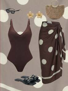 Swim Oasis 1 bộ áo tắm liền thân nữ màu nâu chấm bi có chức năng nâng ngực, ôm bụng, kèm váy, thích hợp cho kỳ nghỉ và đi biển. - màu nâu - Xem 1