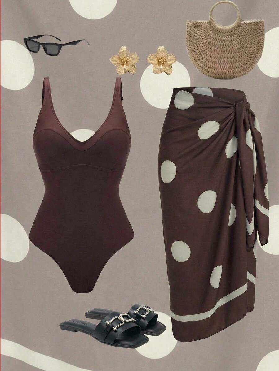 Swim Oasis 1 bộ áo tắm liền thân nữ màu nâu chấm bi có chức năng nâng ngực, ôm bụng, kèm váy, thích hợp cho kỳ nghỉ và đi biển. - màu nâu - Xem 1