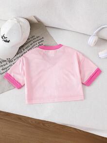 SHEIN Young Girl Knitted Numeric Pattern V-Neck Casual Cropped T-Shirt Girl Summer Set 6t Sets Kids Pink Pink Jersey For Girls Girl Pink 2 Pieces Set Girls Street Wear Sets - Pink - View 8