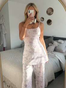 DAZY Ditsy Floral Camisole Top & Contrast Stripe Trim Loose Pajama Pants Women Sleepwear Set