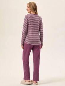 Loomlin 100%纯棉条纹卡通图案睡衣套装 - 紫色 - 查看 2