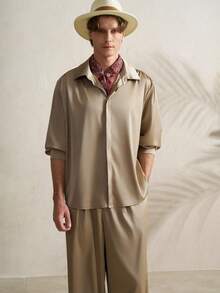 Manfinity Dauomo 男士纯色 Polo 领单排扣短袖衬衫上衣搭配阔腿裤休闲日常穿搭 - 橄欖綠 - 查看 5