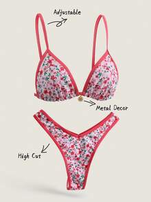 Elavelle Springbreak 女式碎花金属装饰细肩带高腰短裤性感比基尼套装夏季服装 - 彩色 - 查看 1