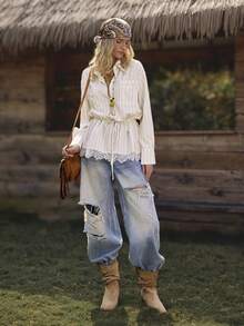 WanderVale Women's Lace Tie-Waist Casual Shirt, Early Spring Relaxed Style - Apricot - View 5