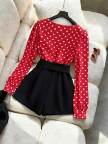 Franclia 女士露肩红色底白色爱心印花长袖衬衫配黑色短裤，两件套，春秋季 - 紅白色 - 查看 2