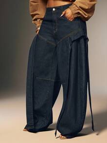 Denimoi 阔腿桶形牛仔裤，个性牛仔裤，时尚桶形牛仔裤 - 深色水洗藍 - 查看 4