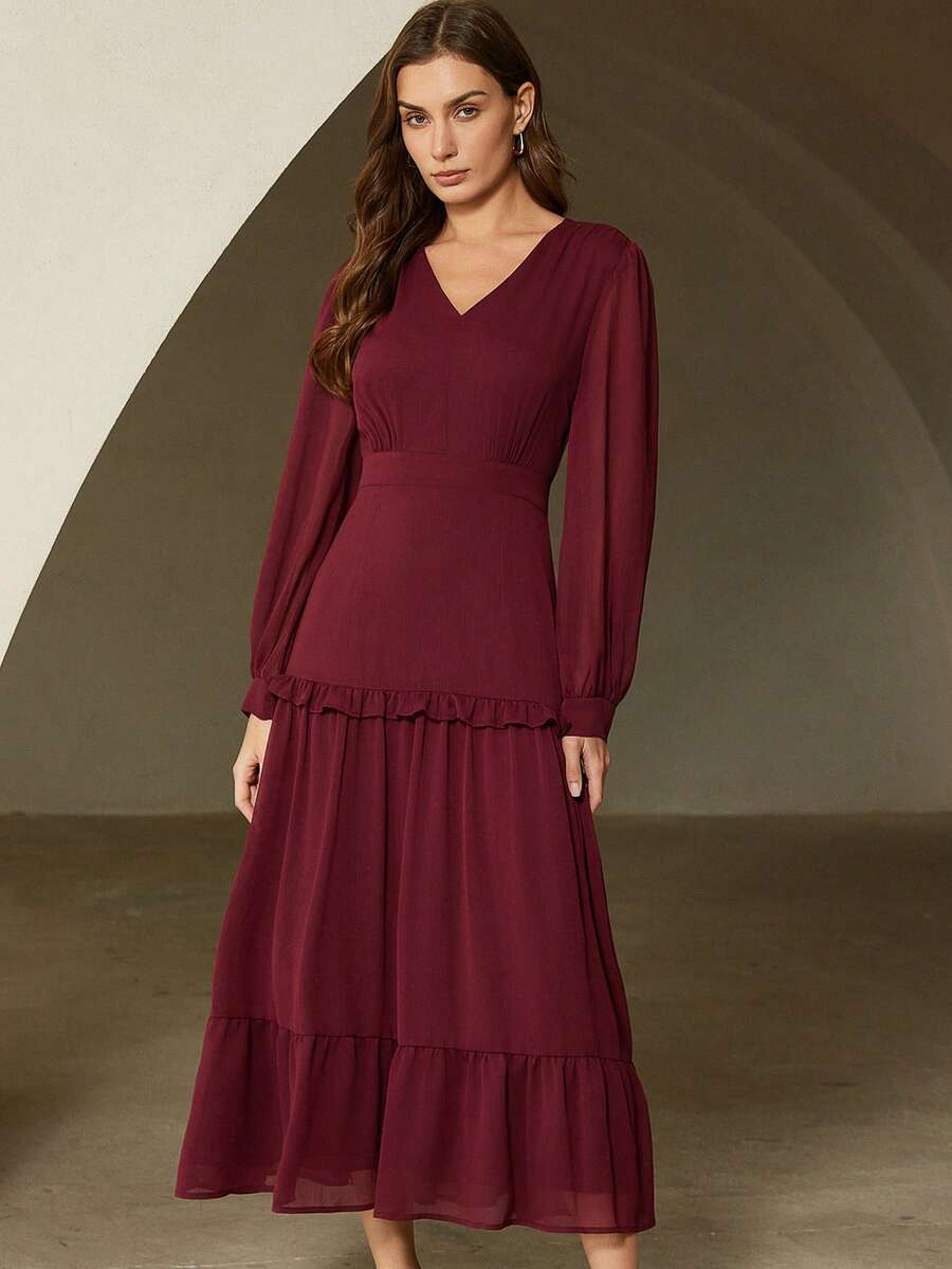 Revavyn Đầm chiffon màu trơn thanh lịch kiểu Pháp, cổ chữ V, tay phồng, eo xếp ly, thích hợp cho các buổi hẹn hò và kỳ nghỉ. - Màu Đỏ Sâu - Xem 1