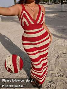 SHEIN EZwear Đầm maxi len móc cỡ lớn dành cho kỳ nghỉ hè - Đỏ và trắng - Xem 1