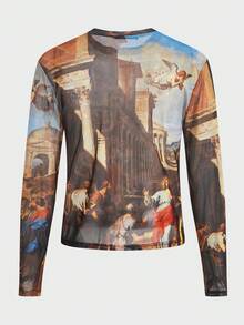 FeverCity Men's Casual Portrait Graphic Round Neck Long Sleeve T-Shirt, Autumn Long Sleeve Tops Graphic Religious Shirt Art Shirt - Multicolor - View 2