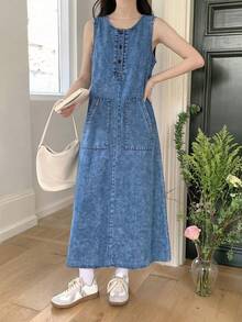 SHEIN Vestido vaquero azul oscuro de ajuste holgado sin mangas para adolescentes - Lavado ligero - Ver 5