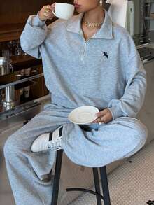 Muchica Plus Size 2pcs Set Embroidered Stand Collar Casual Sports Outerwear, Suitable For Outdoor, Dating, Commuting, Fall /Autumn/Winter/Summer,Christmas,New Year,Thanksgiving,Party,Wedding,Beach,Graduati,Chic,Elegant,Casual,Going Out,Date,Appointment,Commute, - Grey - View 4