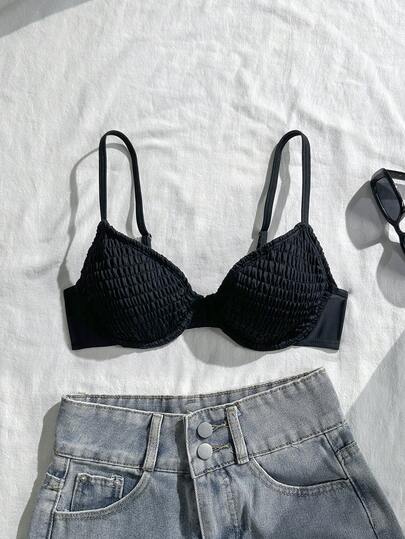 Swim Mod 26SS Spring/Summer Vacation Beach Halter Black Underwire Gather Cute Sweet Swimwear Top