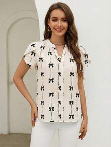 SHEIN Clasi Women's Casual Butterfly Print Cutout Neck Flare Sleeve Blouse, Summer - Apricot - View 5