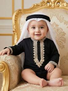 SHEIN Infant Toddler 0-3Y Unisex Baby Bodysuit With Gold Thread Floral Trim, Snap Front Closure, Suitable For Parties, Holidays, Evening Events, Spring/Summer Outdoor Casual Wear Baby Arabic Clothing Muslim Baby Clothes Black Longsleeve Bodysuit Baby Baby Black Outfit Black Romper For Toddler Black Longsleeve Romper Baby Arab Baby Clothes Baby Traditional Wear Baby Boy Clothes Long Sleeve Muslim Baby Boy Clothes