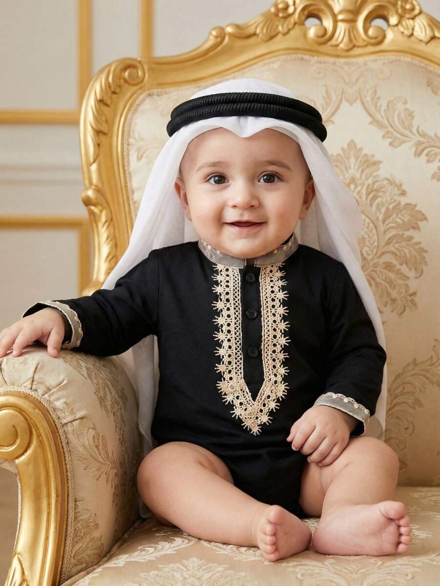 SHEIN Infant Toddler 0-3Y Unisex Baby Bodysuit With Gold Thread Floral Trim, Snap Front Closure, Suitable For Parties, Holidays, Evening Events, Spring/Summer Outdoor Casual Wear Baby Arabic Clothing Muslim Baby Clothes Black Longsleeve Bodysuit Baby Baby Black Outfit Black Romper For Toddler Black Longsleeve Romper Baby Arab Baby Clothes Baby Traditional Wear Baby Boy Clothes Long Sleeve Muslim Baby Boy Clothes